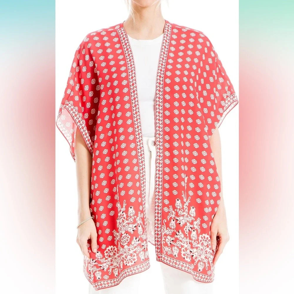 Max Studio Red Floral Crepe Ruana Kimono NWT XS